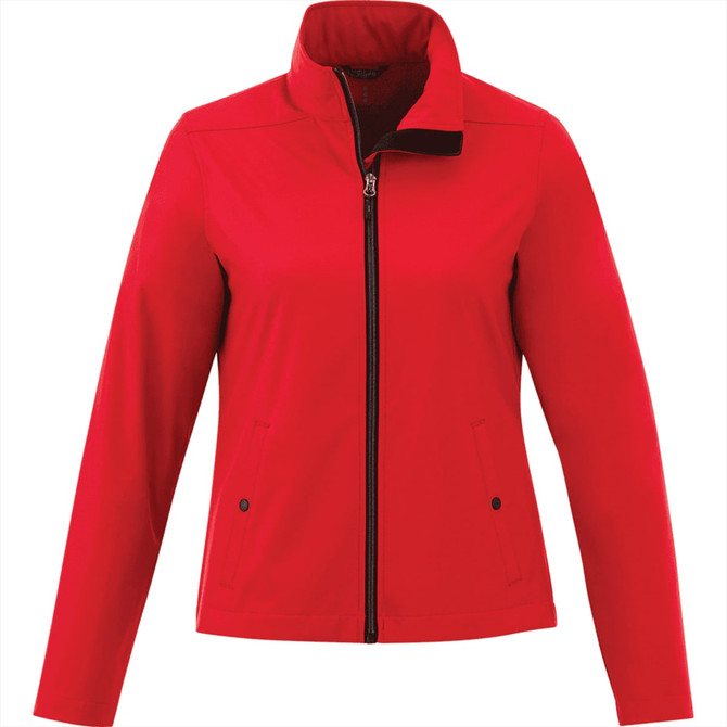 A red softshell jacket for women featuring a high collar, zip front, and side pockets. It has a brand logo.