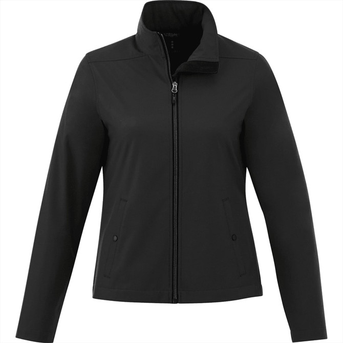 A black women's softshell jacket with a zip front, stand-up collar, and two side pockets. Features a logo.