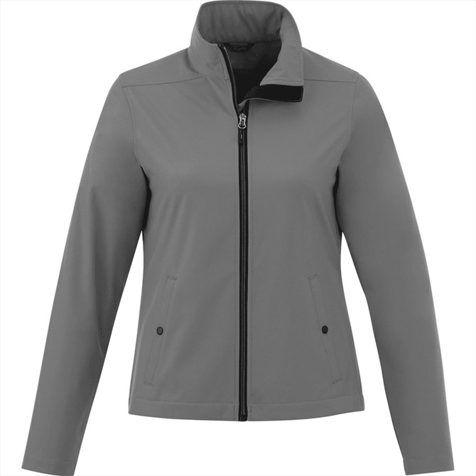 A women's soft shell jacket in grey with a full front zip and two pockets, featuring a collar and a logo.
