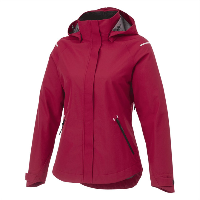 A women's softshell jacket in a vibrant red colour, featuring a hood and zippered pockets. It has a logo on the jacket.