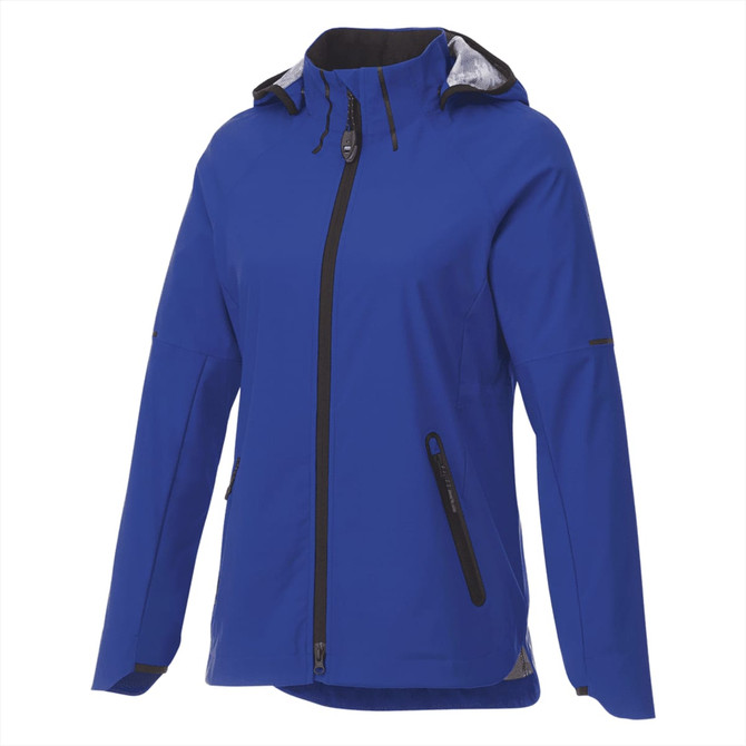 A blue women's softshell jacket with a zip closure, adjustable hood, and a logo on the sleeve.