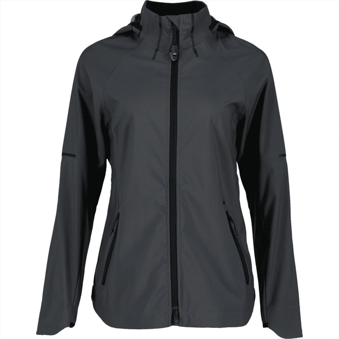 A women's Oracle softshell jacket in black with a front zip and side pockets, featuring a hood and branding.