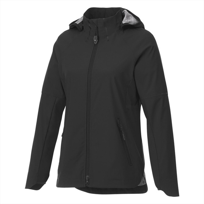 A women's softshell jacket in black, featuring a hood and zippered pockets. Includes a logo on the front.