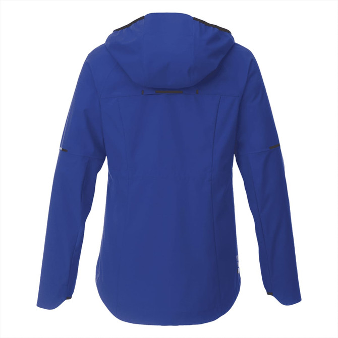A women's softshell jacket in vibrant blue, featuring a hood and a logo on the back.