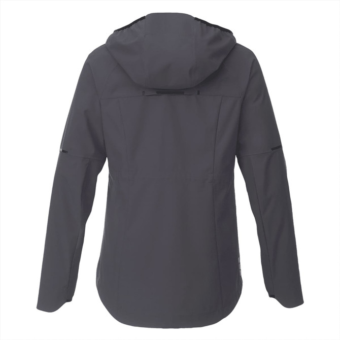 A women's softshell jacket in dark grey with a hood and sleek design, featuring a logo on the back.