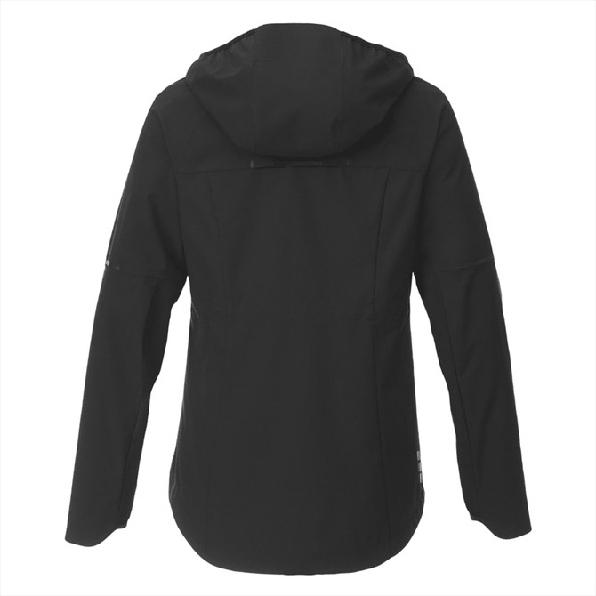 A women's black softshell jacket featuring a hood and a sleek design, with branding present on the fabric.