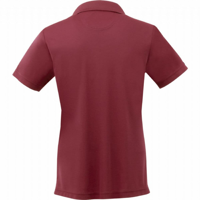 A maroon women's polo shirt with a simple design, featuring a collar and short sleeves. It has a logo on the back.
