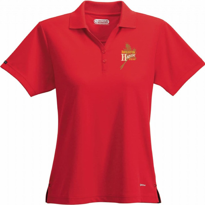 A red women's polo shirt featuring a logo on the front. Short sleeves and a classic collar design.