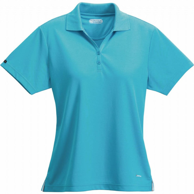 A turquoise short sleeve polo shirt for women with a collar and a logo on the sleeve.