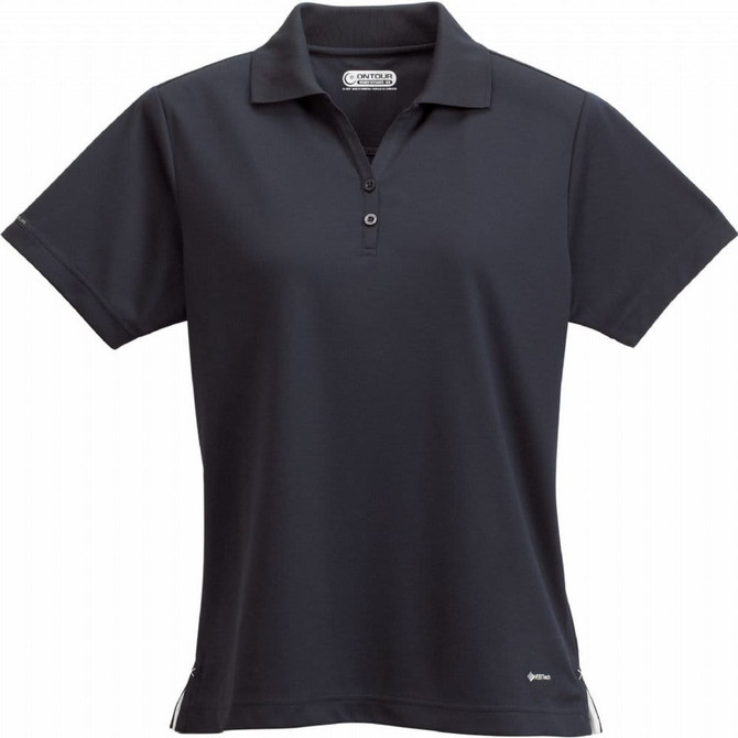 A black women's polo shirt featuring short sleeves, a collar, and a logo.