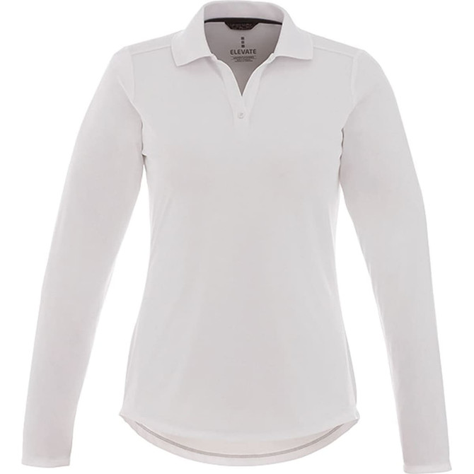A women's long sleeve polo shirt in white with a collar and a logo on the front.