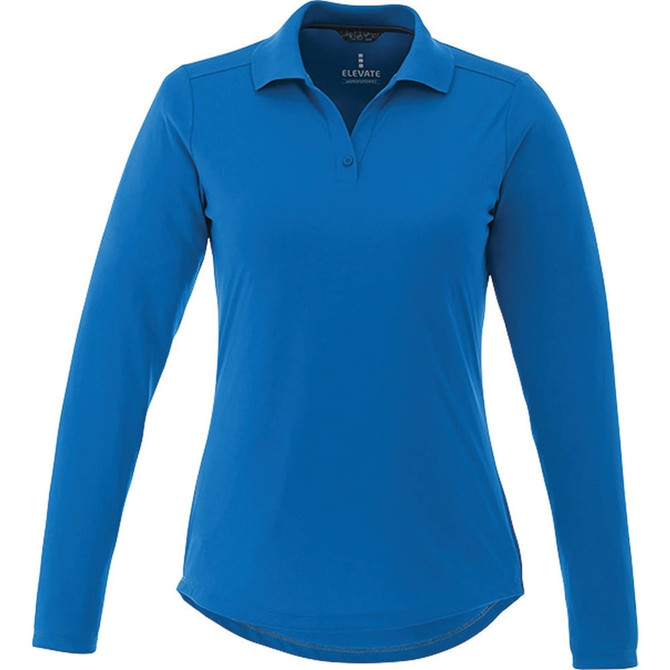 A women's long sleeve polo shirt in vibrant blue with a collar and a subtle logo.