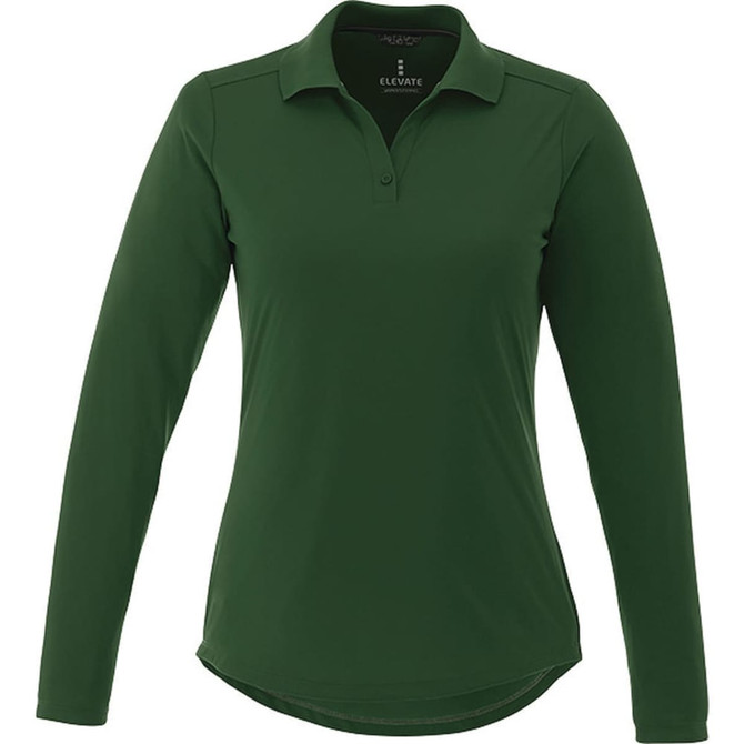 A women's long sleeve polo shirt in dark green, featuring a collar and a logo on the chest.