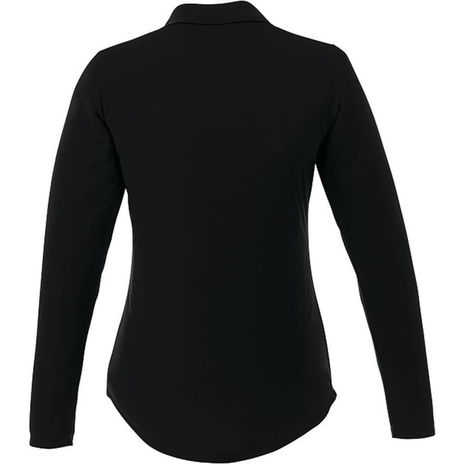 A women's long sleeve polo shirt in black, featuring a collar and a fitted design. Includes a logo on the garment.