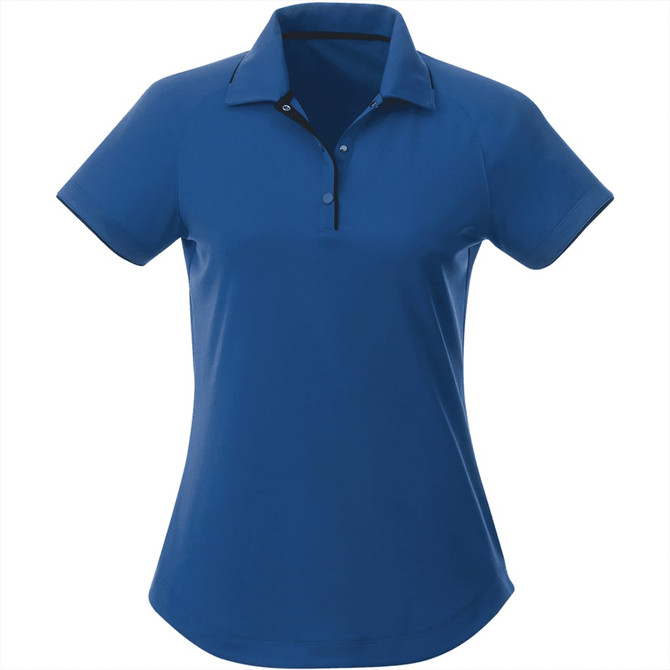 A women's short sleeve polo shirt in a vibrant blue colour, featuring a collar and a logo.