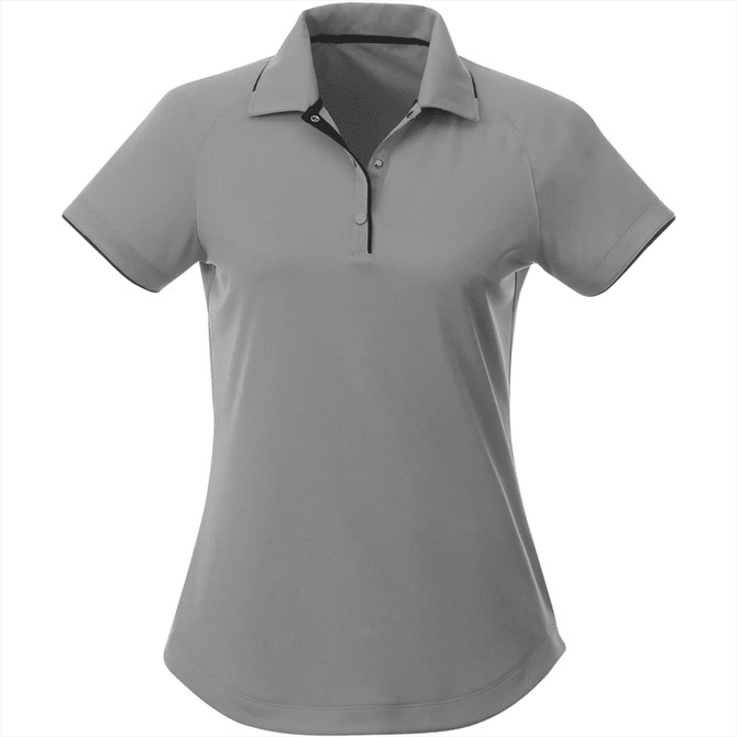 A women's short sleeve polo shirt in grey with a collar and a logo.