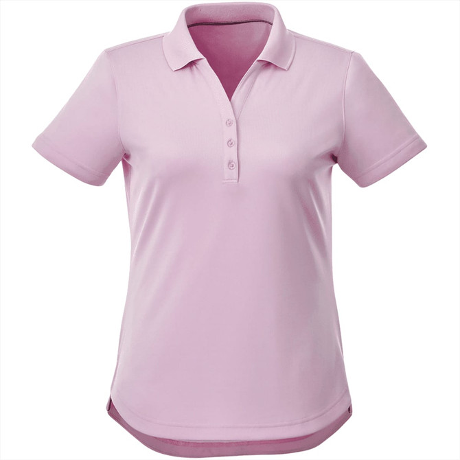 A pink women's polo shirt with a collar and buttons, featuring a logo on the front.