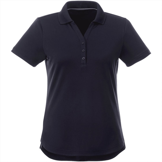 A women's short sleeve polo shirt in black with a buttoned placket and a logo.