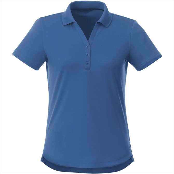 A women's short sleeve polo shirt in a vibrant blue colour, featuring a classic collar and button placket.