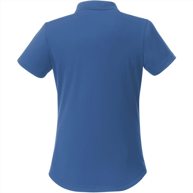 A blue women's short sleeve polo shirt featuring a collar and a logo.