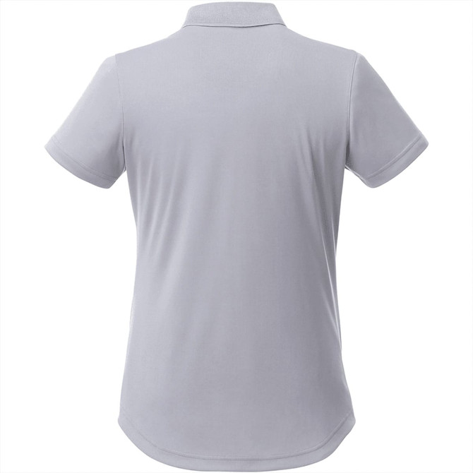 A grey women's short sleeve polo shirt with a collar, featuring a logo on the back.