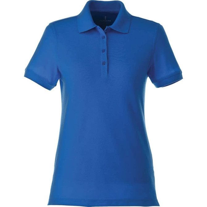 A women's short sleeve polo shirt in a vibrant blue colour with a collar and three-button placket, featuring a logo.