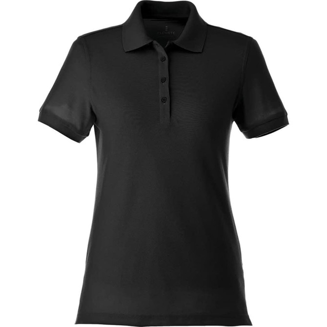 A black women's short sleeve polo shirt featuring a collar and a button placket, with a logo.