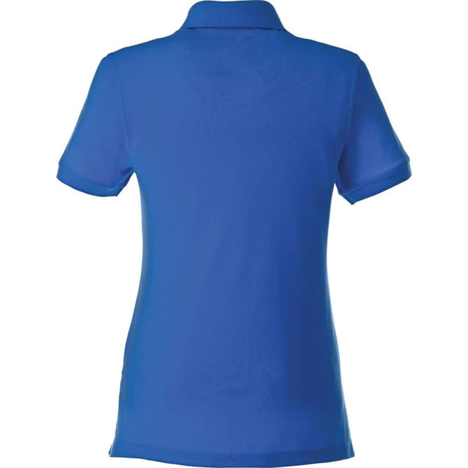 A bright blue women's polo shirt featuring a collared neckline and short sleeves, with a branding logo on the back.