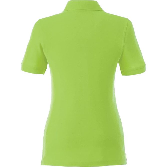 A women's polo shirt in bright green, featuring a classic collar and short sleeves, with a subtle logo.