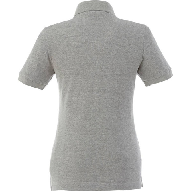 A grey women's polo shirt with short sleeves, featuring a collar and a logo on the back.