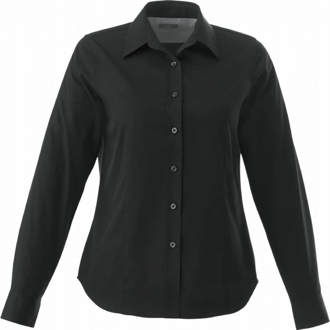 A women's long sleeve button-up shirt in black, featuring a collared neck and button closures.