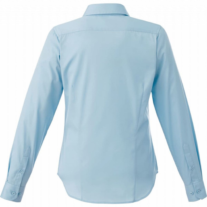 A women's long sleeve button-up shirt in light blue, featuring a classic collar and buttoned cuffs.