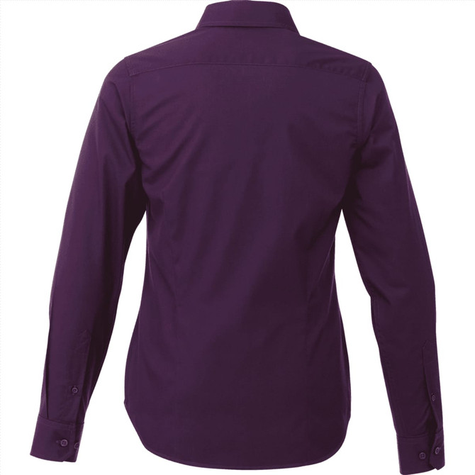 A women's long sleeve button-up shirt in a rich purple colour, with a sleek back design and a collar.