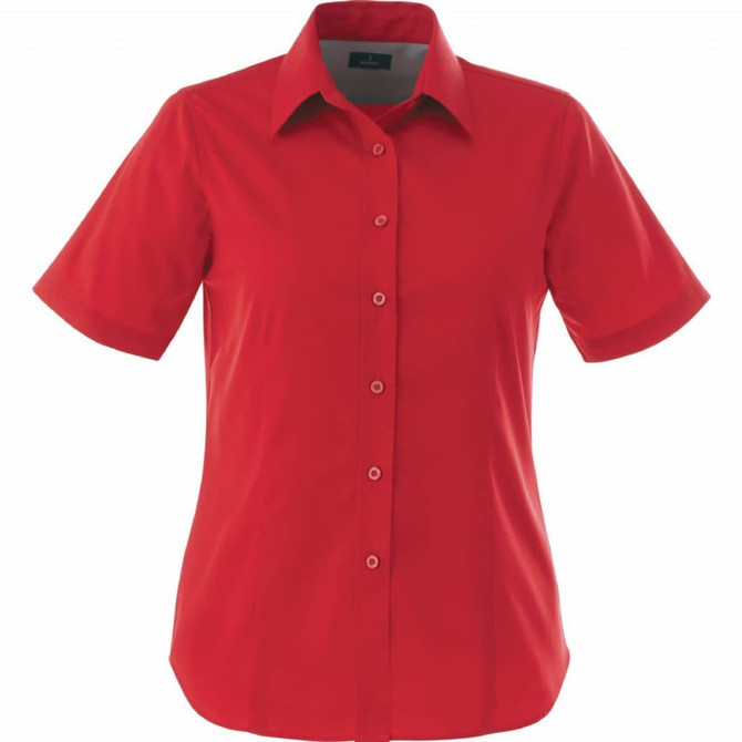 A red short sleeve button-up shirt for women, featuring a collar and a logo on the chest.