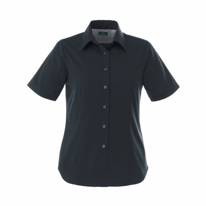 A dark grey women's button-up shirt with short sleeves and a collar, featuring a logo.