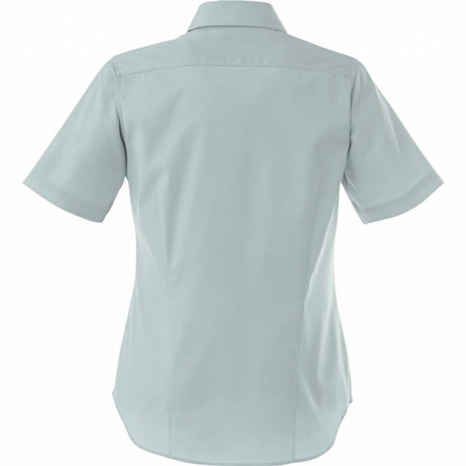 A women's short sleeve button-up shirt in a light green shade, featuring a back yoke and collar.