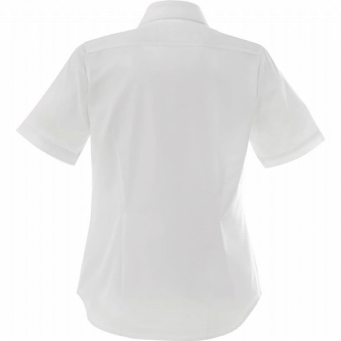 A white women's button-up shirt with short sleeves and a collar, featuring a back view design.