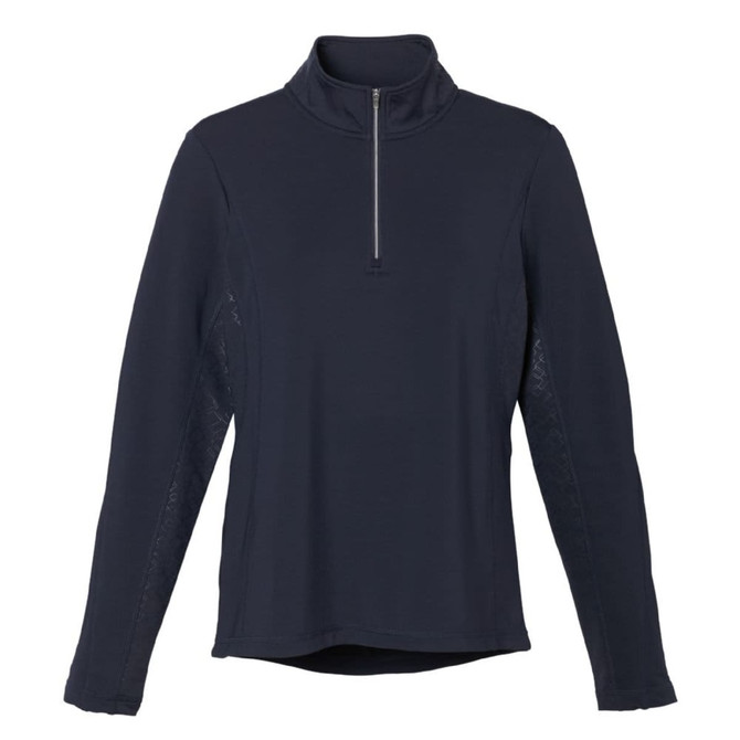 A women's navy knit quarter zip jumper featuring long sleeves and a collar, with a logo on the front.