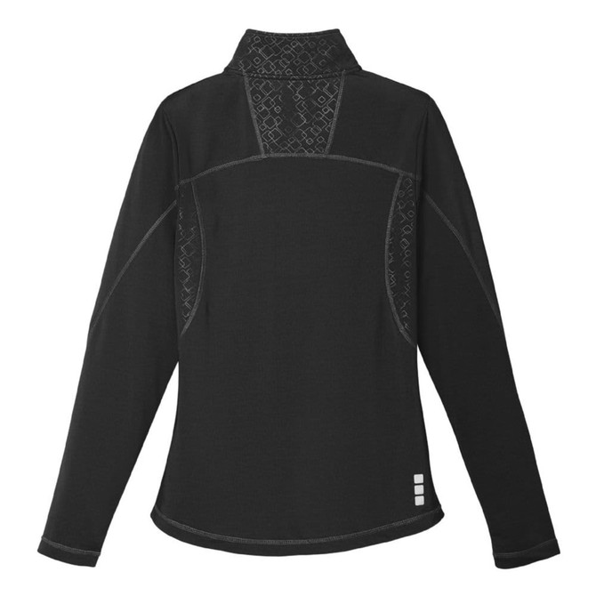 A black women's quarter zip jumper featuring a textured back design and a logo.