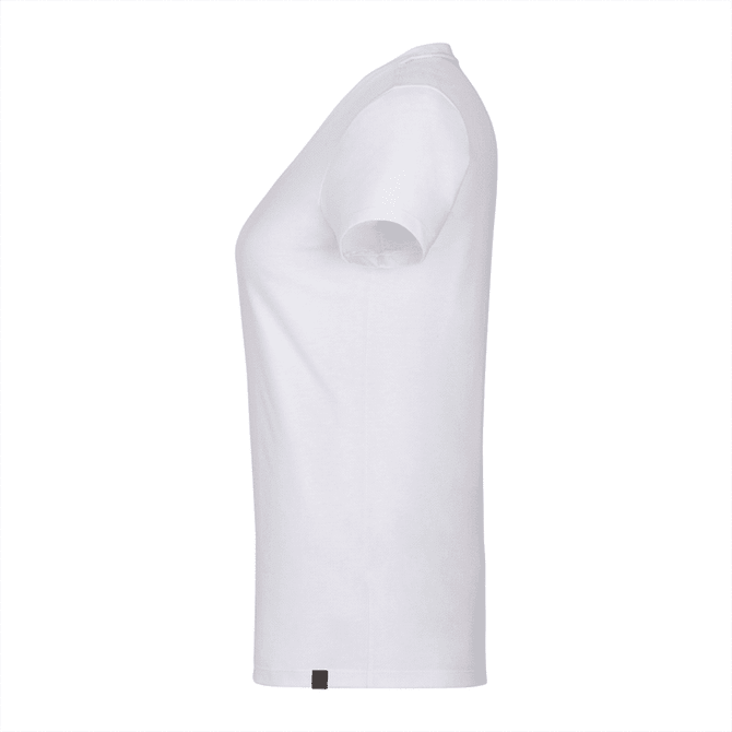 A side view of a women's short sleeve tee in white, featuring a simple design and a small logo tag.