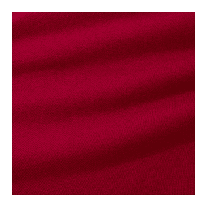 A close-up of a red fabric showcasing a smooth texture, ideal for a women's short sleeve tee. It has a logo.