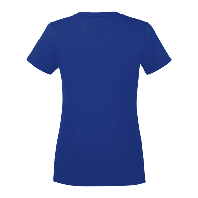 A blue women's short sleeve tee with a fitted design and a logo on the back.
