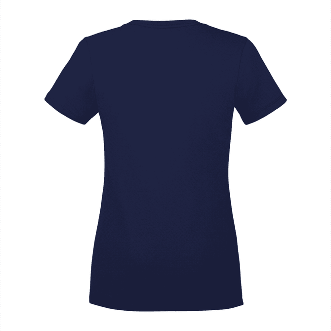 A women's short sleeve tee in navy blue with a fitted style and a logo on the back.
