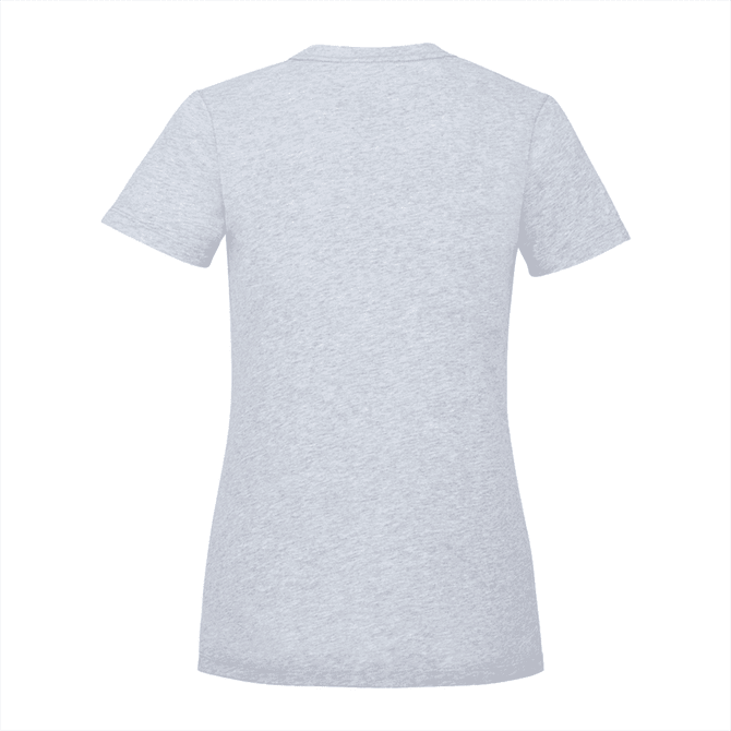 A grey women's short sleeve t-shirt with a fitted design and a branding logo.