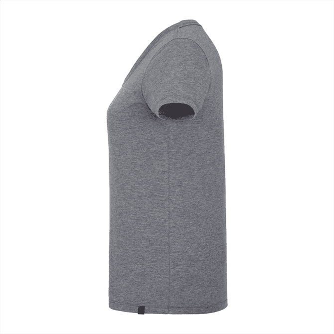 A grey women's short sleeve t-shirt with a fitted design, featuring a tag on the side.