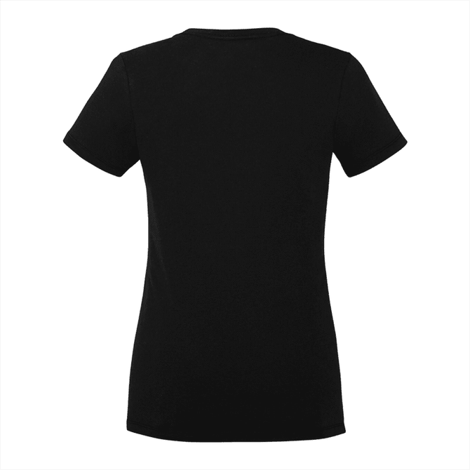 A black women's short sleeve t-shirt, featuring a simple design and a logo on the back.