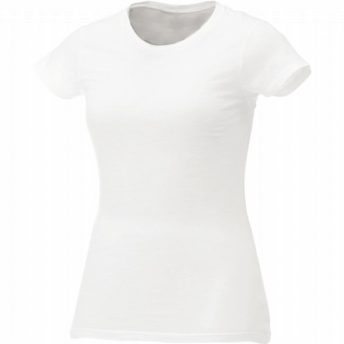 A white short sleeve women's t-shirt with a fitted design and a round neckline. It features a logo.