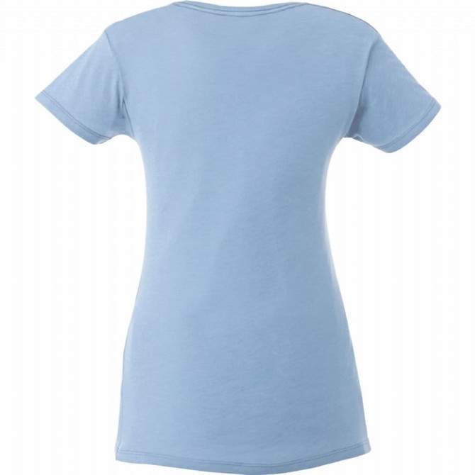 A light blue women's short sleeve tee with a simple design and a logo on the back.