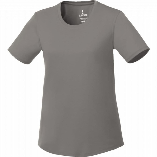 A women's short sleeve tech tee in a light grey colour, featuring a round neckline and a logo.