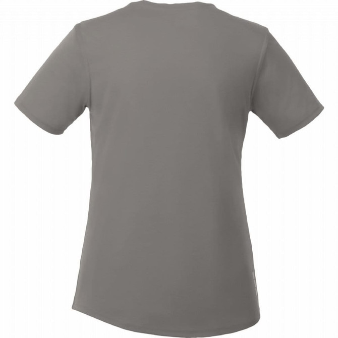 A grey women's short sleeve tech tee with a relaxed fit, featuring a subtle logo on the back.